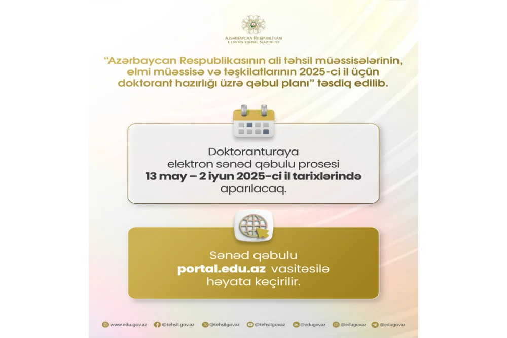 Doktorantura seviyyesi uzre elektron sened qebuluna baslanilib